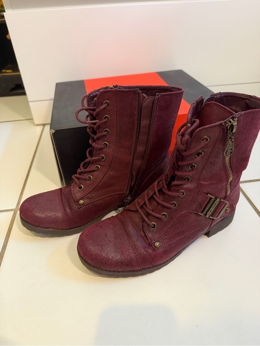 G by Guess Burgundy Lace-Up Combat Boots with Buckle
